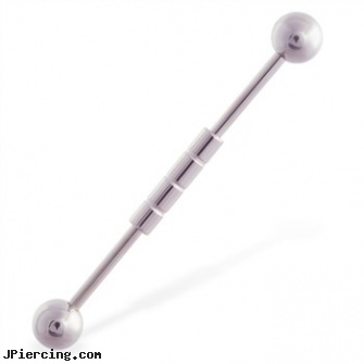 Industrial straight barbell with ribbed center, 14 ga, industrial peircings, cleaning an industrial piercing, industrial peircing, straight onyx plugs, internally threaded straight barbells
