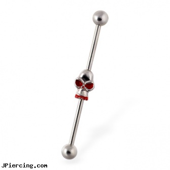 Industrial straight barbell with skull, 14 ga, industrial strength body jewelery, industrial piercing information, industrial ear piercing, gold plated straight barbell eyebrow jewelry, internally threaded straight barbells