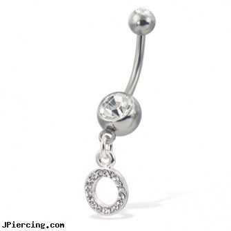 Initial belly button ring, letter O, initial belly button piercing ring, initial belly rings, initial belly button rings, los angeles belly button piercing services, belly button piercing information