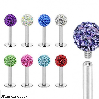 Internally threaded stainless steel labret stud with crystal paved ball, 16 ga, internally threaded body piercing jewelry, internally threaded body jewelry, internally threaded straight barbells, navel jewelry surgical stainless steel internal thread, body jewlery stainless steel