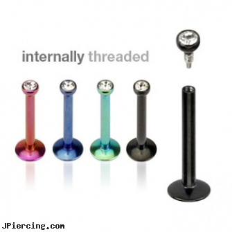 Internally threaded titanium anodized labret stud with 2mm CZ, internally threaded body jewelry, belly ring titanium internally threaded, internally threaded body piercing jewelry, threaded rods for tongue rings, titanium barbell