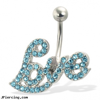Jeweled \"Love\" belly button ring, jeweled belly rings, jeweled labrets, 18g jeweled labrets, cheap belly rings, indecent belly button rings