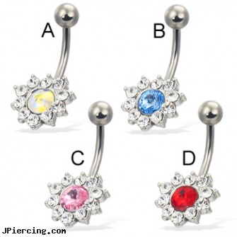 Jeweled belly button ring with colored pointed center stone, jeweled navel slave rings, jeweled labrets, gold jeweled labret ring, belly button peircings, tinkerbell belly ring or body