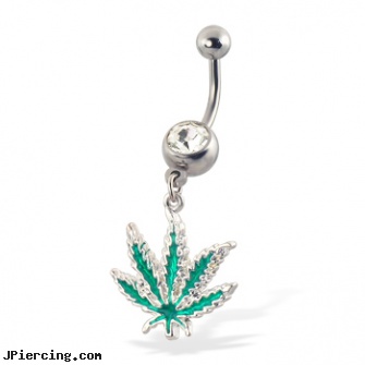 Jeweled belly button ring with dangling cannabis leaf, jeweled navel slave rings, 18g jeweled labrets, gold jeweled labret ring, belly button ring infection, glow in the dark belly button rings