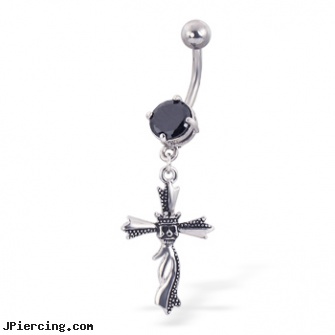 Jeweled belly button ring with dangling cross, gold jeweled labret ring, jeweled labrets, jeweled navel slave rings, clip on belly buttom ring, cartoon character belly rings
