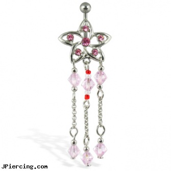 Jeweled belly button ring with flower and three dangles, 18g jeweled labrets, jeweled labrets, jeweled belly rings, pierced belly button jewelry, belly button rings pregnancy