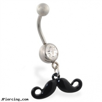 Jeweled belly ring with Dangling Black Curly Mustache, jeweled navel slave rings, 18g jeweled labrets, jeweled labrets, belly button piercing dangers, halloween belly rings
