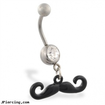 Jeweled belly ring with Dangling Black Curly Mustache, jeweled navel slave rings, jeweled belly rings, 18g jeweled labrets, belly ring, belly ring jewelry