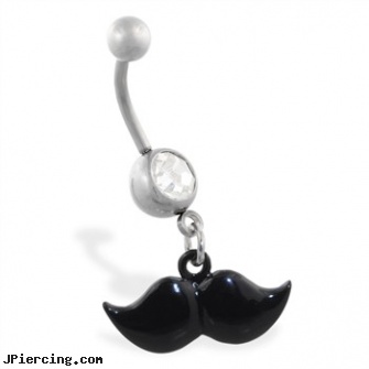Jeweled belly ring with Dangling Black Mustache, jeweled navel slave rings, 18g jeweled labrets, gold jeweled labret ring, cheap belly button jewelry, cool logo belly button rings