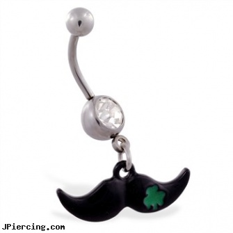 Jeweled belly ring with Dangling Black Mustache with Clover, gold jeweled labret ring, jeweled belly rings, jeweled navel slave rings, infected pain abdomen belly button piercing, washington redskins belly ring