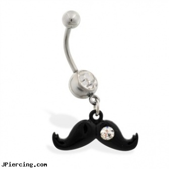 Jeweled belly ring with Dangling Black Mustache with CZ, gold jeweled labret ring, jeweled labrets, jeweled navel slave rings, custom belly rings, belly rings cheap