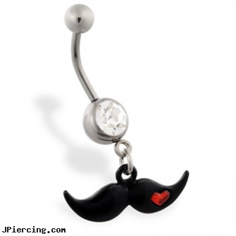 Jeweled belly ring with Dangling Black Mustache with Heart, gold jeweled labret ring, 18g jeweled labrets, jeweled navel slave rings, how to take off belly button ring, belly navel rings for sale