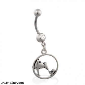 Jeweled belly ring with dangling cow and chicken circle, jeweled belly rings, jeweled labrets, jeweled navel slave rings, belly button and tongue rings, diamond belly button rings