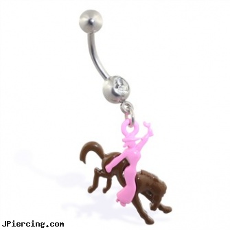 Jeweled belly ring with dangling cowgirl riding horse, jeweled labrets, jeweled belly rings, jeweled navel slave rings, perils of belly button rings, auctions belly rings