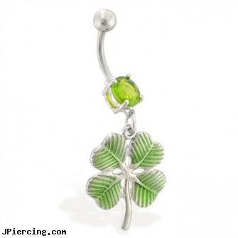 Jeweled belly ring with dangling green four leaf clover, gold jeweled labret ring, 18g jeweled labrets, jeweled navel slave rings, gold diamond belly button ring, belly piercings pictures