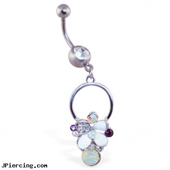 Jeweled belly ring with dangling jeweled multi-colored flower on circle, jeweled belly rings, jeweled navel slave rings, jeweled labrets, infected belly button, belly button ring infections