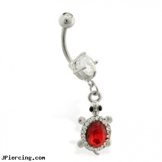 Jeweled belly ring with dangling jeweled turtle with large red gem, jeweled belly rings, jeweled navel slave rings, gold jeweled labret ring, about belly button piercing, surgical steel belly rings