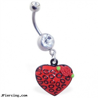 Jeweled belly ring with dangling leopard print heart with rose, 18g jeweled labrets, jeweled navel slave rings, gold jeweled labret ring, belly button rings with screw on beads, dragonfly belly button ring purple
