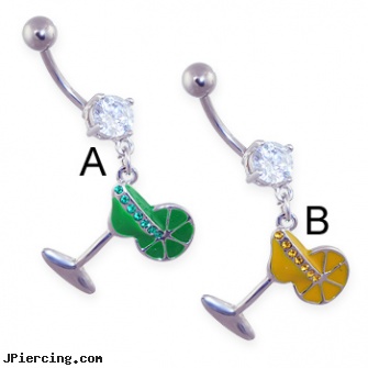 Jeweled belly ring with dangling martini, jeweled belly rings, jeweled labrets, 18g jeweled labrets, belly photos, when belly button piercings go wrong