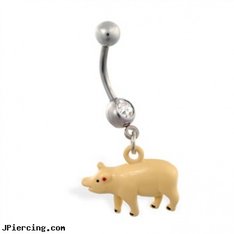 Jeweled belly ring with dangling pig, jeweled labrets, 18g jeweled labrets, gold jeweled labret ring, belly button piercing reasons, glow in the dark belly button rings