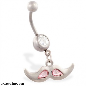 Jeweled belly ring with Dangling Pink Jeweled Mustache, jeweled belly rings, jeweled navel slave rings, gold jeweled labret ring, belly rings for sale, starter belly button rings