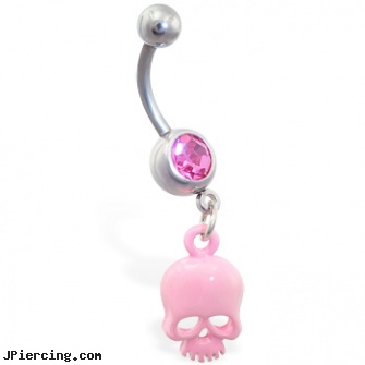 Jeweled belly ring with dangling pink skull, jeweled labrets, 18g jeweled labrets, jeweled belly rings, facts about belly button piercing, belly piercing pictures