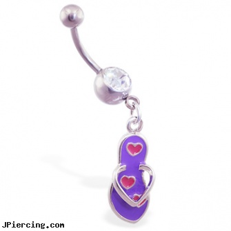 Jeweled belly ring with dangling purple flipflop with hearts, jeweled labrets, jeweled belly rings, 18g jeweled labrets, picture inlay belly button rings, belly button piercings and the risks involved