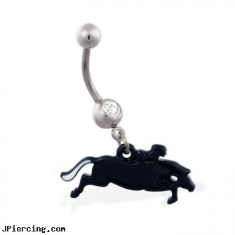 Jeweled belly ring with Dangling Race Horse, 18g jeweled labrets, jeweled navel slave rings, gold jeweled labret ring, belly button jewelry rings, silver belly button rings