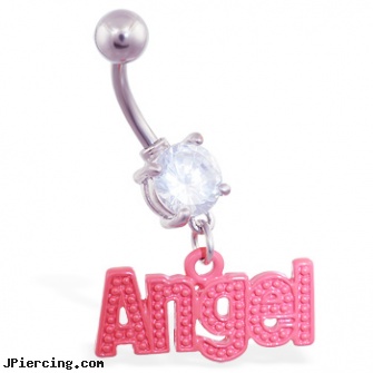 Jeweled Belly Ring with Dangling Red \"Angel\", jeweled belly rings, 18g jeweled labrets, jeweled navel slave rings, superman belly rings, pink belly rings