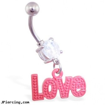 Jeweled belly ring with dangling red \"Love\", gold jeweled labret ring, jeweled labrets, jeweled navel slave rings, belly button piercing care, belly buton rings