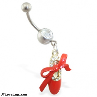 Jeweled belly ring with dangling red slipper and bow, jeweled navel slave rings, jeweled labrets, 18g jeweled labrets, holiday belly rings, belly button piercing questions