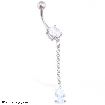 Jeweled belly ring with dangling teardrop CZ on chain, jeweled navel slave rings, jeweled labrets, gold jeweled labret ring, belly buttons rings, belly button piercing how