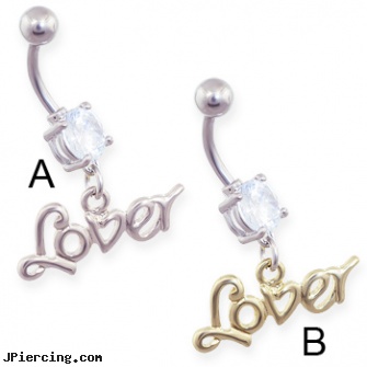 Jeweled belly ring with dangling word \"Lover\", jeweled belly rings, gold jeweled labret ring, jeweled labrets, belly piercing healing, infected belly button piercing pictures