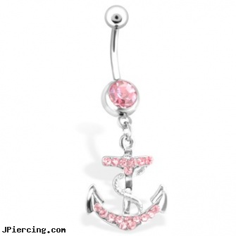 Jeweled Belly Ring with Simple Dangling Anchor, 14 Ga, jeweled labrets, gold jeweled labret ring, jeweled belly rings, belly button piercing healing time, sexy belly rings