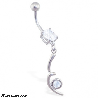 Jeweled belly ring with twisted dangle and gem, jeweled labrets, jeweled navel slave rings, jeweled belly rings, belly piercing danger, female belly-button piercings