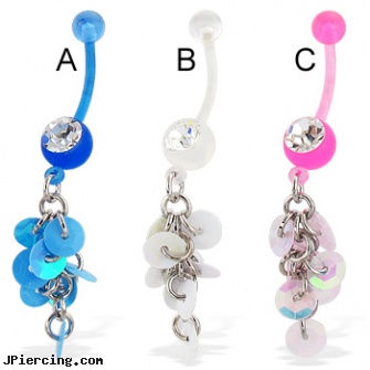 Jeweled bioplast belly button ring with dangle, jeweled belly rings, jeweled navel slave rings, jeweled labrets, titanium or stainless steel belly button rings, belly button ring jews