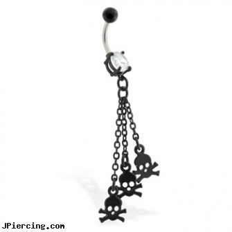 Jeweled black coated belly ring with skull dangles, jeweled belly rings, jeweled navel slave rings, 18g jeweled labrets, labret jewelry black, black labret
