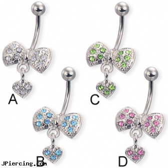 Jeweled bow belly button ring with dangling heart, jeweled navel slave rings, 18g jeweled labrets, jeweled belly rings, skull belly button ring, belly ring info
