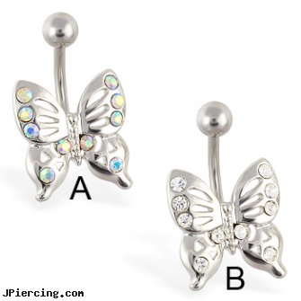 Jeweled butterfly belly ring, jeweled labrets, jeweled navel slave rings, gold jeweled labret ring, butterfly tongue rings, butterfly rings