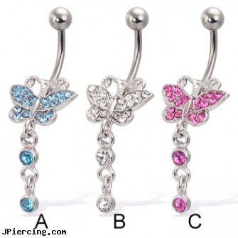 Jeweled butterfly navel ring with two dangling gems, gold jeweled labret ring, 18g jeweled labrets, jeweled navel slave rings, uv butterfly navel ring, butterfly vagina tatoo piercing