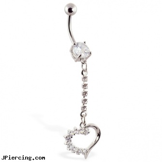 Jeweled dangling belly ring with jeweled heart, 18g jeweled labrets, jeweled labrets, jeweled belly rings, dangling navel jewelry, dangling belly button rings