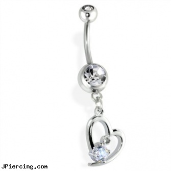 Jeweled Dangling Heart Belly Ring, jeweled belly rings, gold jeweled labret ring, jeweled navel slave rings, dangling body jewelry, dangling navel ring