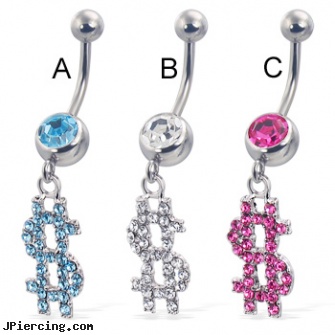 Jeweled dollar sign belly button ring, jeweled labrets, gold jeweled labret ring, jeweled navel slave rings, what is the signefigance of the nose piercing, custom designed body jewelry