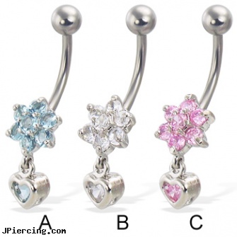 Jeweled flower belly button ring with dangling jeweled heart, 18g jeweled labrets, jeweled belly rings, jeweled labrets, flower fishtail labret, flower belly ring