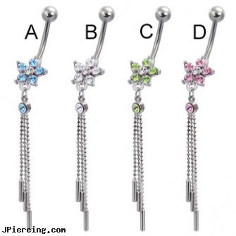 Jeweled flower belly button ring with three cylinders on dangles, 18g jeweled labrets, jeweled navel slave rings, jeweled labrets, flower pics, flower nipple shields