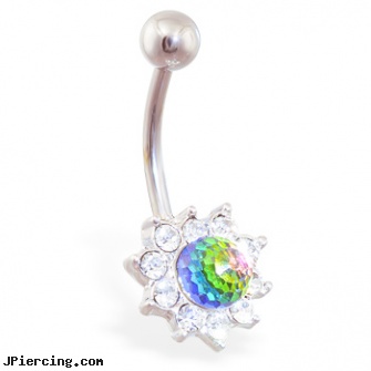 Jeweled flower belly ring with rainbow crystal ball, 18g jeweled labrets, jeweled labrets, jeweled navel slave rings, flower pics, flower shaped labret jewerly