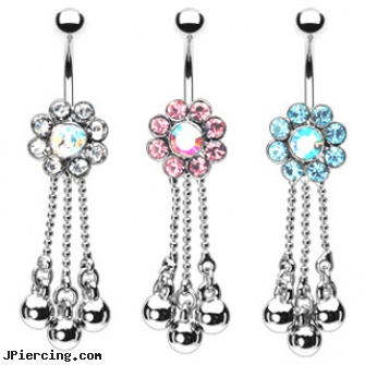 Jeweled flower navel ring with dangling chains and balls, jeweled belly rings, jeweled labrets, jeweled navel slave rings, flower belly ring, flower shaped labret jewerly