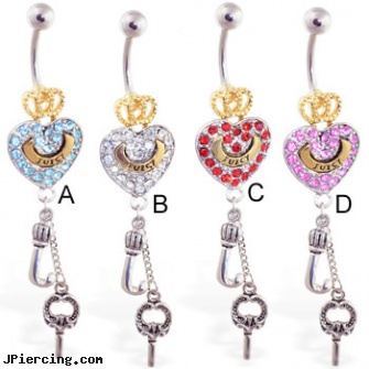 Jeweled gold-plated crown and heart navel ring with dangling letter J and key, jeweled belly rings, gold jeweled labret ring, jeweled navel slave rings, gold shackle body jewelry, white gold belly rings