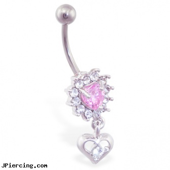 Jeweled heart flower belly ring with dangling heart, 18g jeweled labrets, jeweled labrets, jeweled belly rings, pink heart belly ring, dangling heart belly button ring