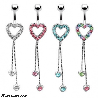Jeweled heart navel ring with dangling chains and hearts, 18g jeweled labrets, jeweled navel slave rings, jeweled belly rings, pink heart belly ring, heart tattoos